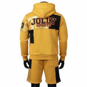 Conjunto de Sudadera con Capucha y Pantalones Cortos para Hombre, 320 GSM, Algodón y Poliéster, Color Amarillo Mostaza, Ropa Deportiva Urbana, Estilo Panelado con Logotipo - Product Image 6