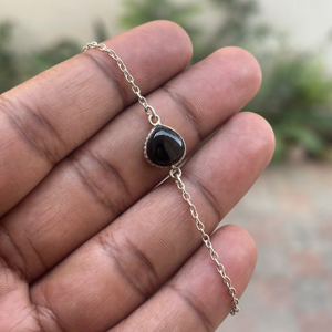 Handmade 925 Sterling <b>Silver</b> Bezel Setting Bracelet Solid Onyx Gemstone Natural Black Pear Cabochon Link <b>Chain</b> for Gifts - Product Image 1
