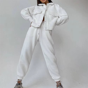 Women's <b>White</b> Cotton <b>Tracksuit</b> Set Casual Loose Fit Full Length Jogger Pants With Drawstring And Button Up Jacket Spring Wear - Product Image 1