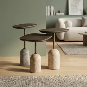 Modern Minimalist Nesting Coffee <b>Tables</b> Stone Base Metal Top Living Room Furniture - Product Image 3