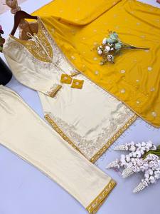 Traditional Indian Pakistani <b>Women</b> Cotton Printed <b>Kurta</b> With Yellow Palazzo <b>For</b> Casual Wear All Seasons Regular Fit - Product Image 6