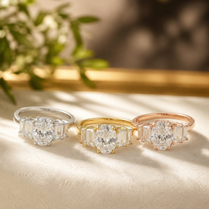 Bague de fiançailles en or jaune plaqué 14 carats avec moissanite, cinq pierres, bague de demande en mariage, diamant taille ovale, pour femme - Product Image 3