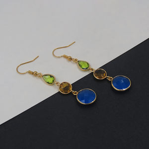 ต่างหูห้อยทรงดอกไม้ประดับพลอยเพอริดอท ซิทริน อินค์บลู คาลซิโดนี หลายชนิด งานแฮนด์เมด ตัดแบบเช็คเกอร์ ประดับขอบทอง 18K - Product Image 4