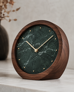 Minimalist Hexagonal Wood Desk <b>Clock</b> With Green Glass Face And Marble Center Silent Quartz Movement - Product Image 2