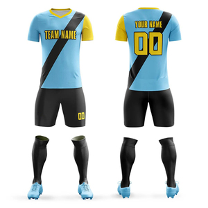 Ensemble de maillots de football unisexe personnalisés bleu clair jaune noir à manches courtes col en V anti-transpiration antibactérien protection UV - Product Image 1