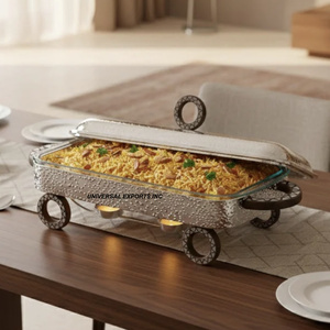 Set Of Three Metal Food Warmer Hotel And Restaurant Ware Casserole Round Shape <b>Dinnerware</b> Luxury metal Hotpot - Product Image 3