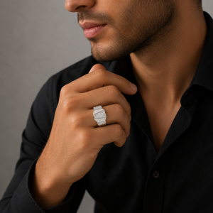 Bague Chevalière Rectangulaire en Argent Sterling 925 pour Homme, Pavée de Diamants, Finition Polie, Design Géométrique Audacieux, Idéale pour Mariage, Fêtes et Usage Quotidien - Product Image 1
