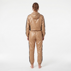 Ensemble de survêtement pour femme avec capuche et fermeture éclair, couleur or brillant, blocs de couleurs - Product Image 4