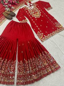 Ensemble de luxe en soie Chinon avec broderies lourdes, comprenant un haut, un pantalon Sharara Palazzo à coupe ample et une dupatta, pour tenue de fête pour femmes - Product Image 5