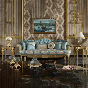 ชุดโซฟาห้องนั่งเล่นดีไซน์ฝรั่งเศสทรงสี่เหลี่ยม ทำจากไม้มะฮอกกานีเนื้อแข็ง แกะสลักด้วยมือ หุ้มเบาะอย่างหรูหรา เฟอร์นิเจอร์คุณภาพสูง ผลิตในอินโดนีเซีย - Product Image 2