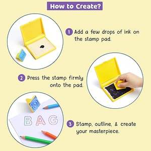 Arte con sellos DIY – Alfabeto y números (IntelliSkills), para niños, 6 sellos, 8 lápices de colores, 1 botella de tinta - Product Image 4