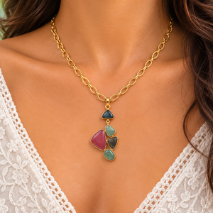 Collar con colgante de dijes dorados de moda, hecho a mano, con múltiples piedras preciosas, de buena calidad, tamaño grande, para uso diario, joyería. - Product Image 6