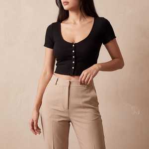 Women's Light Blue Ribbed <b>Cropped</b> <b>Top</b> With Button Front V-Neck Short Sleeve Slim Fit Casual Spring Summer Wear - Product Image 6