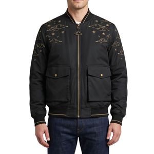 Chaqueta Bomber de Hombro Reforzado con Mezcla de Poliéster Pesado y Bolsillos con Solapa, Estilo Urbano, Estampada, Casual, Negra - Product Image 1