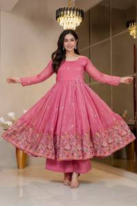 Conjunto de vestido Anarkali de la mejor calidad con palazzo y dupatta, en seda suave y texturizada con bordados, lentejuelas y trabajo de hilo, vestido listo para usar. - Product Image 4