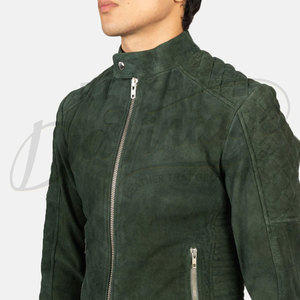 Premium Dark Green <b>Suede</b> Leather <b>Jacket</b> Men Quilted Shoulder Slim Fit Biker <b>Jacket</b> Casual Stand Collar Outerwear Coat - Product Image 1