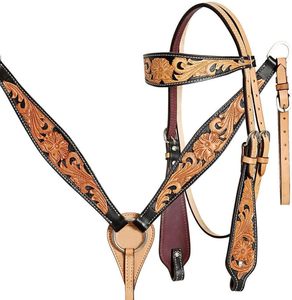 Handmade Tooled Leather Western Horse Tack Set Adjustable Headstall and Breast Collar Premium Genuine Leather Horse Riding Gear - Product Image 1