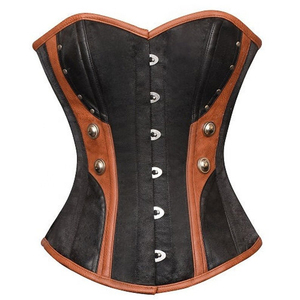 Corsé de cuero para mujer, negro con ribete marrón, cierre de gancho y ojal, faja moldeadora de control firme - Product Image 4