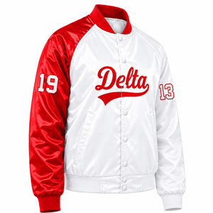 Delta |   Sigma |   Chaqueta Universitaria de Satén en Contraste Rojo y Blanco para Mujer de Theta Sorority, con Botones a Presión en la Parte Delantera, Cuello y Puños de Punto Acanalado - Product Image 4