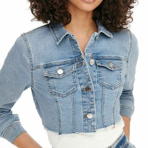 Chaqueta vaquera corta azul claro para mujer al por mayor, ropa exterior informal de mezclilla con bolsillos en el pecho - Product Image 2