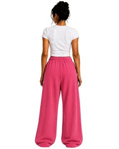 Pantalones de chándal anchos de cintura alta para mujer, color rosa burbuja, de ajuste holgado, estilo casual urbano, de felpa, con cordón y bolsillos. - Product Image 2