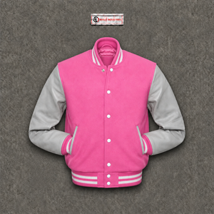 Veste universitaire en laine rose personnalisable avec logo, coupe classique, polyester et coton, couleurs unies, qualité export, produit sur demande du fabricant - Product Image 5