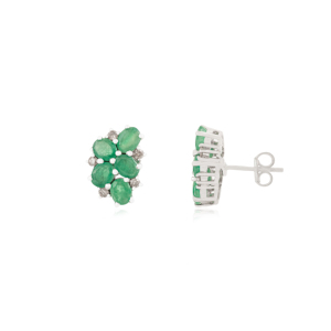 Wholesale 925 Silver Unique Cluster Design Genuine Oval Cut <b>Emerald</b> & Round Diamond <b>Stud</b> Earrings For Women's Daily Wear - Product Image 3