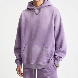 Men's Vintage <b>Purple</b> Hooded Acid Wash 2-in-1 Tracksuit Set Solid Color Full Sleeve Drawstring Sweatshirt Pants Regular Fit 100% - Product Image 5