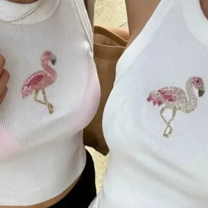 Débardeur côtelé blanc avec broderie florale jaune perlée, camisole en tricot sans manches, vêtement de mode féminine pour l'été - Product Image 3