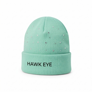 Bonnet en tricot acrylique unisexe vert menthe avec strass œil de faucon, style décontracté, 56-58 cm - Product Image 3