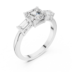 Anillo de alta calidad con tres diamantes de corte Asscher y esmeralda cultivados en laboratorio, certificado por GRA, en oro blanco de 14k. - Product Image 4