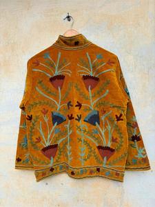 Premium Orange <b>Velvet</b> Embroidered Suzani <b>Jacket</b> with Floral Pattern Full Sleeve Stand Collar Handmade Boho Winter Coat - Product Image 5