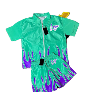 Wholesale Mens <b>Flame</b> Graphic Matching Set Zip <b>Shirt</b> and Drawstring Shorts Private Label Resort Wear Hoodies Manufacture - Product Image 5