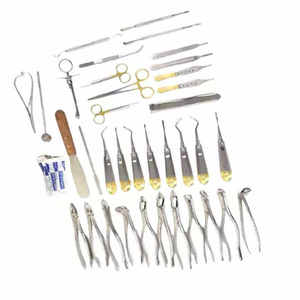 Kit complet d'extraction dentaire en acier inoxydable, ensemble d'instruments de chirurgie buccale avec élévateurs radiculaires à poignée dorée - Product Image 1