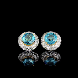 Luxury Round Cut Blue Gemstone & Lab Grown Diamond Halo <b>Stud</b> <b>Earrings</b> in Gold <b>Fine</b> Jewelry - Product Image 1