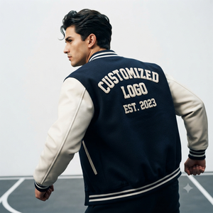 Veste universitaire pour homme, manches en PU crème, logo brodé au dos, col rabattable, fermeture éclair, style preppy, à porter en automne et en hiver - Product Image 1