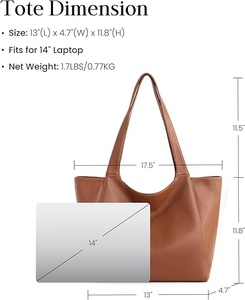 Brown Genuine Leather Tote <b>Bag</b> 13x4.7x11.8 Inch Lightweight Casual Style for Women with Computer Interlayer - Product Image 3