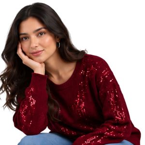 Pull en tricot rouge à sequins pour femme, col rond, manches longues, scintillant, coupe décontractée, mode hiver - Product Image 4