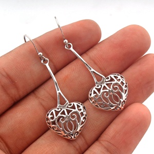 925 Sterling <b>Silver</b> Filigree Heart <b>Dangle</b> <b>Earrings</b> for Women Handmade Openwork Heart Drop Hook <b>Earrings</b> Fine <b>Silver</b> Jewelry - Product Image 2
