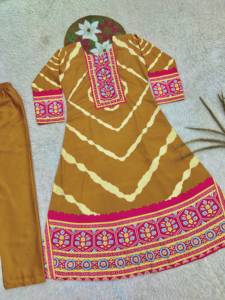 <b>Women</b> Mustard Brown Silk Quick Dry Ethnic <b>Kurti</b> with Tie Dye Floral Embroidered Border Pants Set All Seasons - Product Image 3