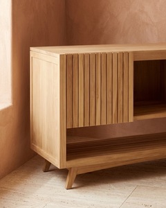 Ensemble de meubles de salle de bain modernes en teck brut, armoire de rangement autoportante à lattes, 2 étagères, poignées en bois, pour villas et hôtels - Product Image 5