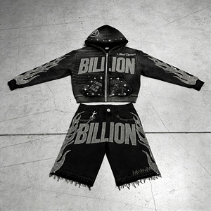 Custom Your Brand <b>Men's</b> Rhinestone Hoodie and Shorts Set Sun Faded Cropped Acid Washed Streetwear Tracksuit - Product Image 3