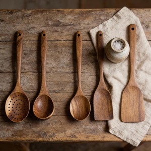 Cucharas de Cocina y Servicio de Madera Ecológicas Premium, Acabado Espejo, Mango Largo, Hechas a Mano, Juego de Utensilios de Cocina para Bodas, Hecho en India - Product Image 2
