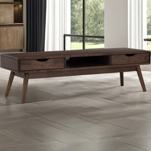 Meuble TV en bois massif de style Mid-Century Modern avec 2 tiroirs de rangement, pieds coniques, finition noyer foncé, compatible avec les téléviseurs de 50 à 54 pouces, idéal pour le salon - Product Image 1