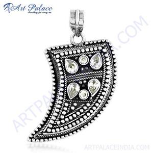 Pendentif en argent avec pierres précieuses en zircone cubique de designer indien - Product Image 1