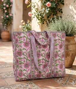 Floral Printed Quilted Cotton Tote Bag Zipper Closure Fashion <b>Chains</b> Reusable Shoulder <b>Handbag</b> for Shopping Travel Daily Use - Product Image 2