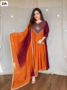 Ensemble Salwar Kameez en Coton Brodé pour Femme, Kurti Indien Pakistanais, Tenue Traditionnelle à Couleurs Dégradées, Séchage Rapide, Idéal pour Mariage - Product Image 4