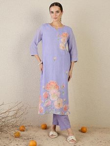 Women's Lightweight <b>Linen</b> Kurta Pant Set with Soft Printed Dupatta - Product Image 3