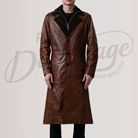 Manteau long en cuir marron pour homme, style trench-coat classique, véritable cuir, col double, coupe-vent