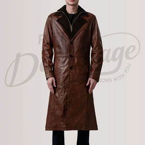 Abrigo de Cuero Marrón Premium para Hombre, Gabardina Clásica Larga de Invierno, Chaqueta de Cuero Genuino con Doble Cuello, Cortavientos - Product Image 4